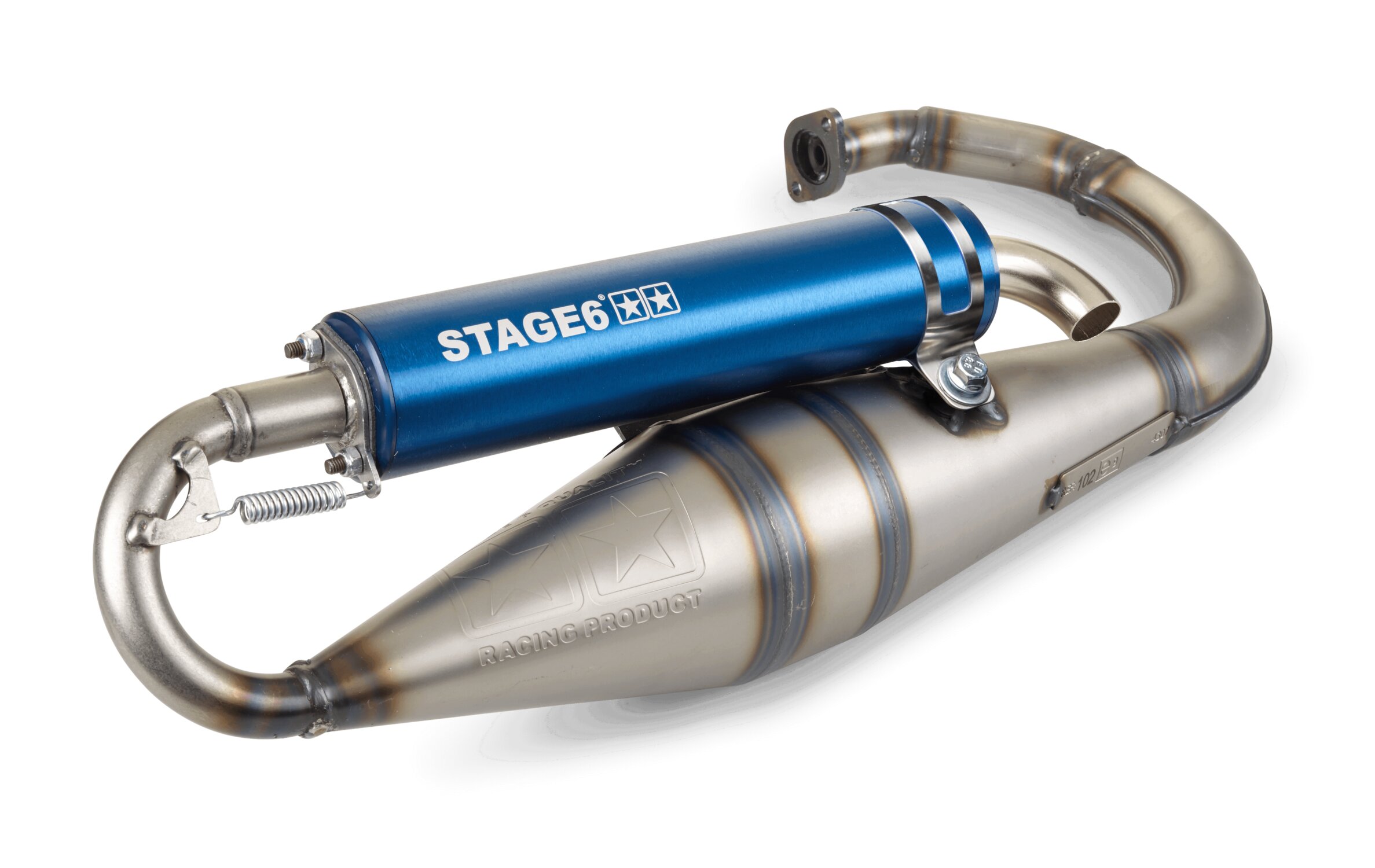 Image of Auspuff Stage6 Pro Replica MK2 Blau Minarelli stehend