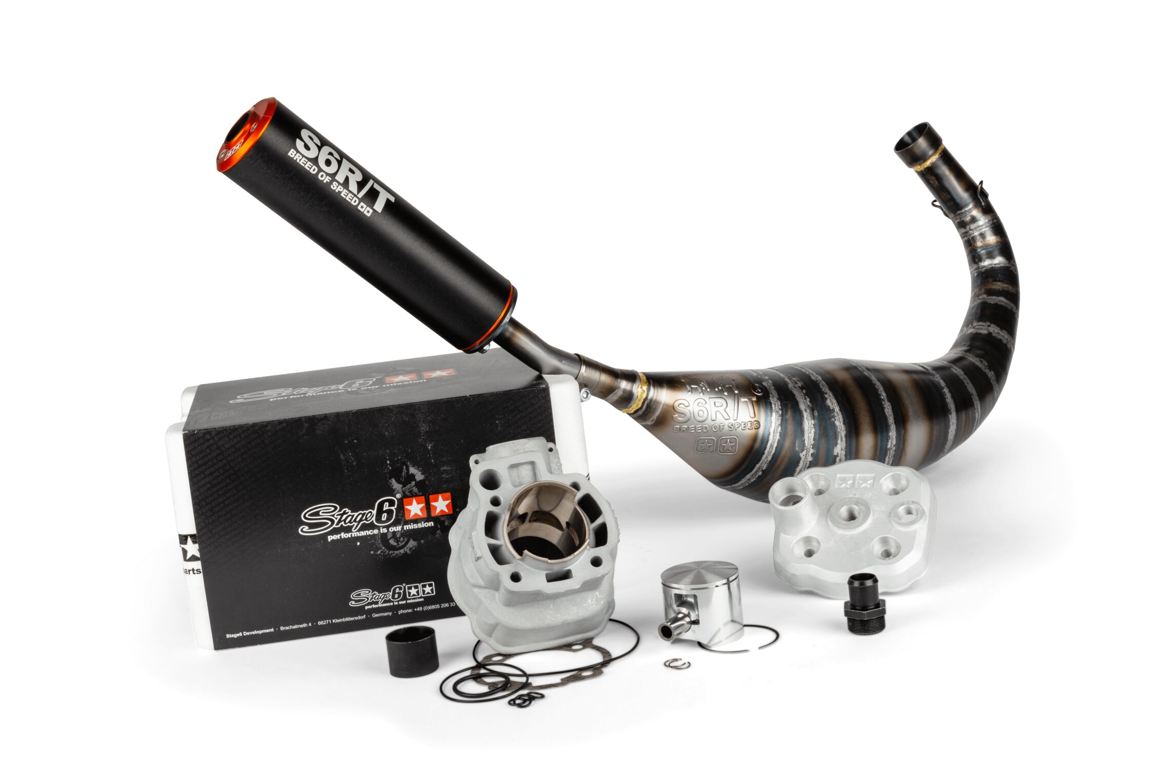 Image of Motorpack Zylinder + Auspuff Stage6 BigRacing 77ccm Minarelli AM6 orange / schwarz