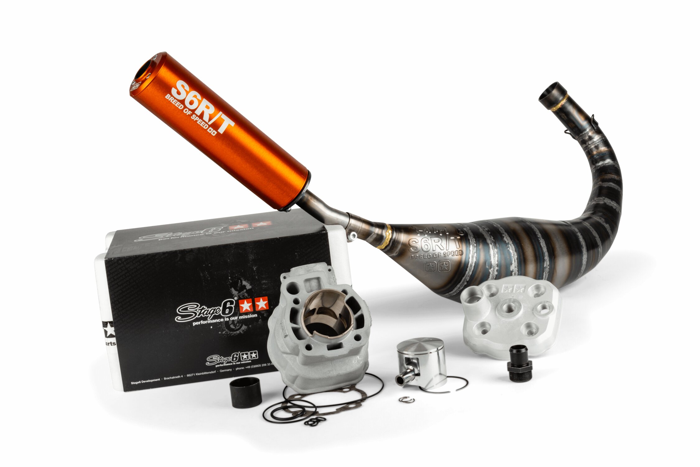 Image of Motorpack Zylinder + Auspuff Stage6 BigRacing 77ccm Minarelli AM6 orange