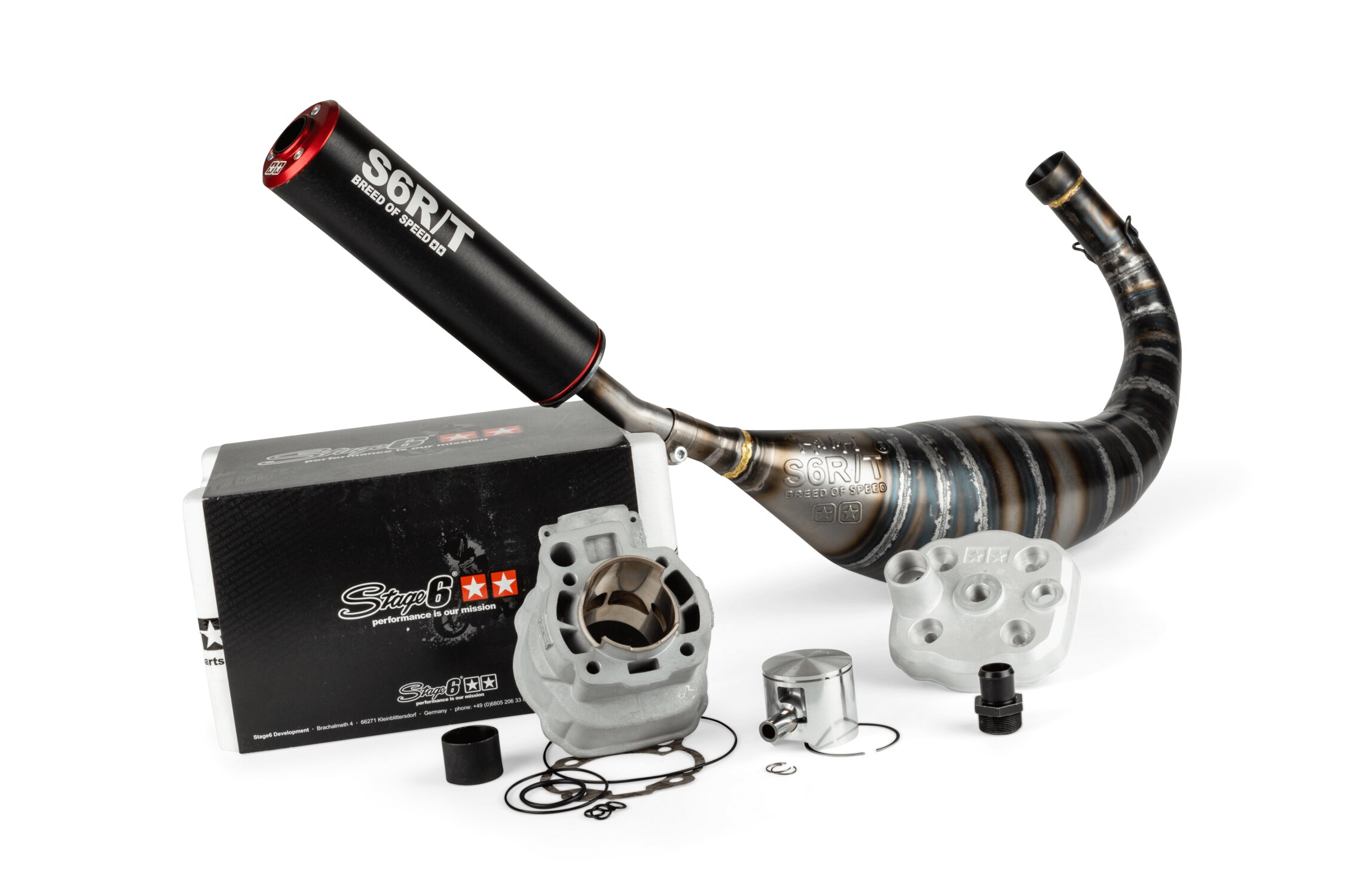 Image of Motorpack Zylinder + Auspuff Stage6 BigRacing 77ccm Minarelli AM6 rot