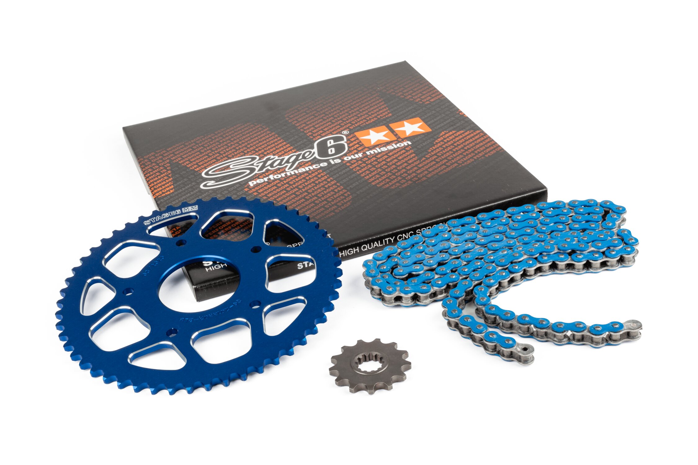 Image of Kettensatz 14x53 - 420 Stage6 Alu CNC blau Peugeot / Rieju