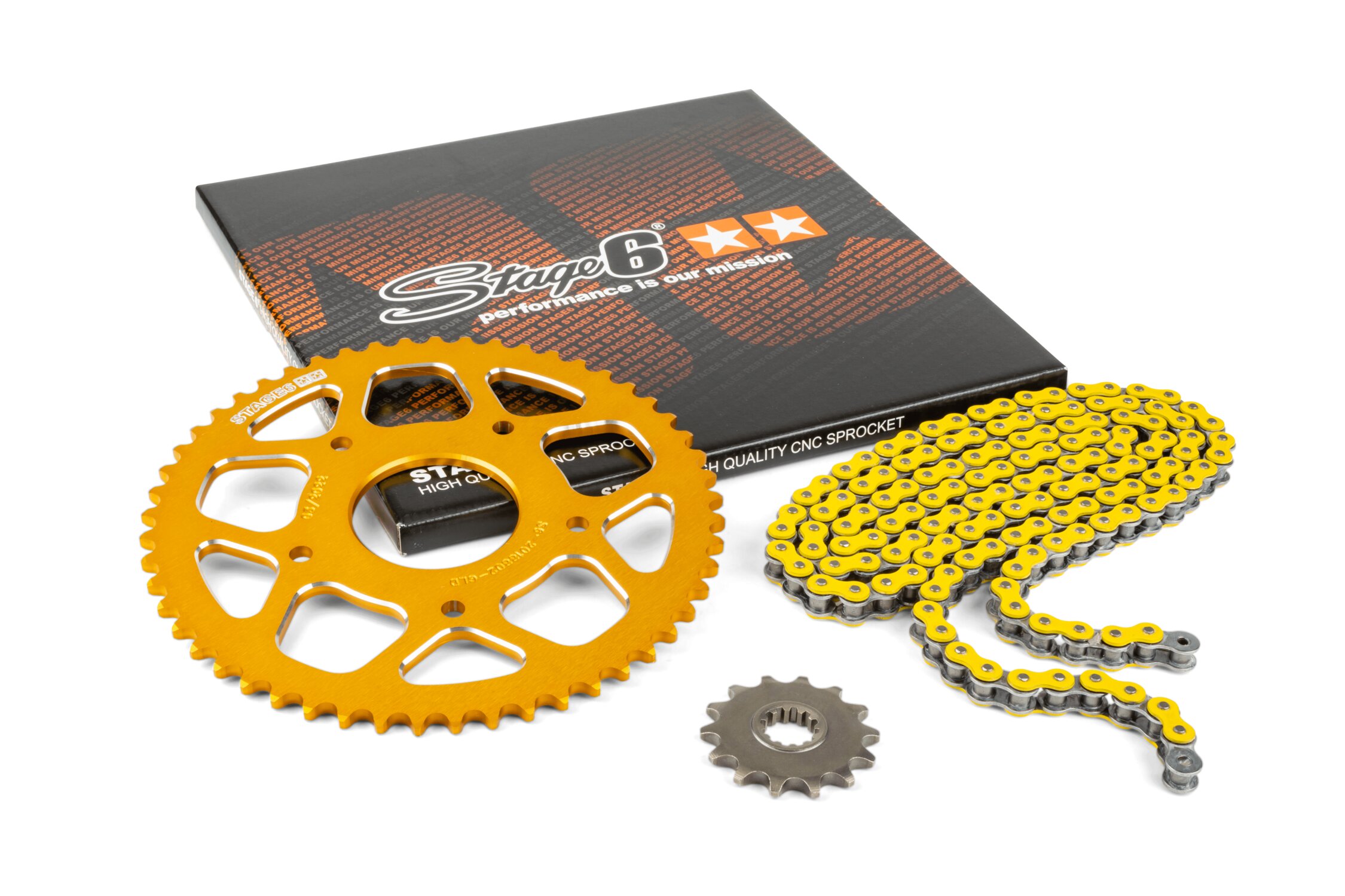 Image of Kettensatz 14x53 - 420 Stage6 Alu CNC gelb Peugeot / Rieju