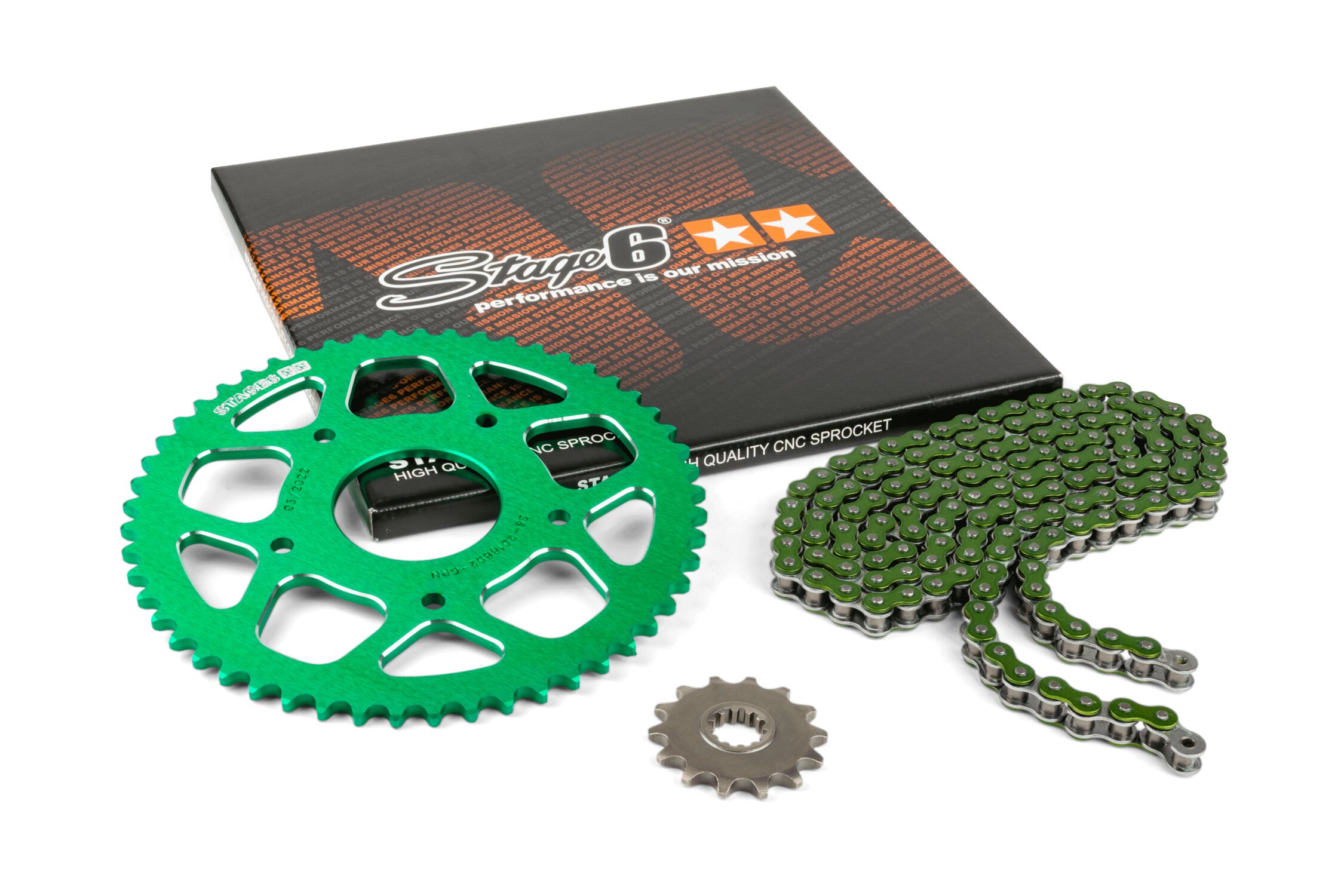 Image of Kettensatz 13x53 - 420 Stage6 Alu CNC grün Peugeot / Rieju