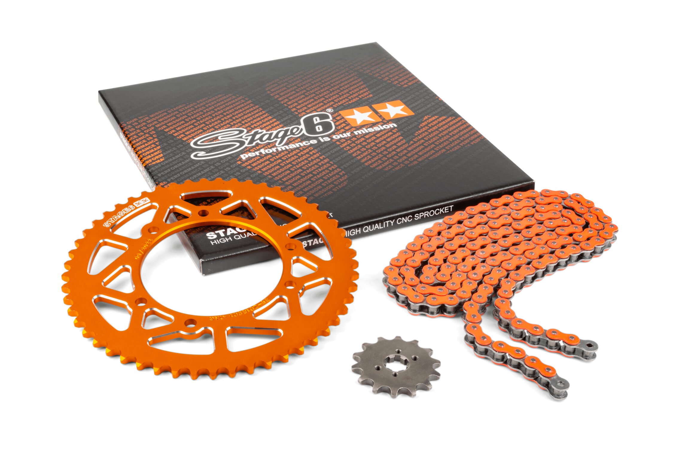 Image of Kettensatz 13x53 - 420 Stage6 Alu CNC orange Derbi Senda X-treme