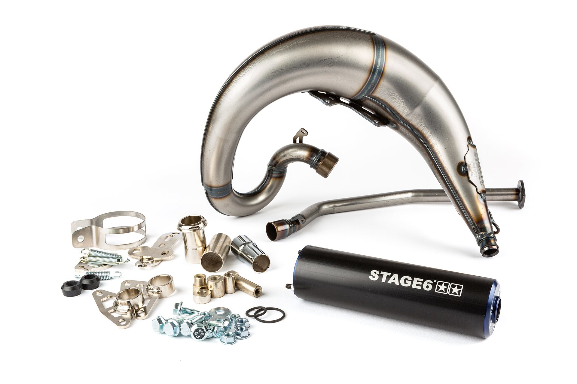 Image of Auspuff Stage6 Streetrace high mount CNC blau / schwarz Derbi Senda
