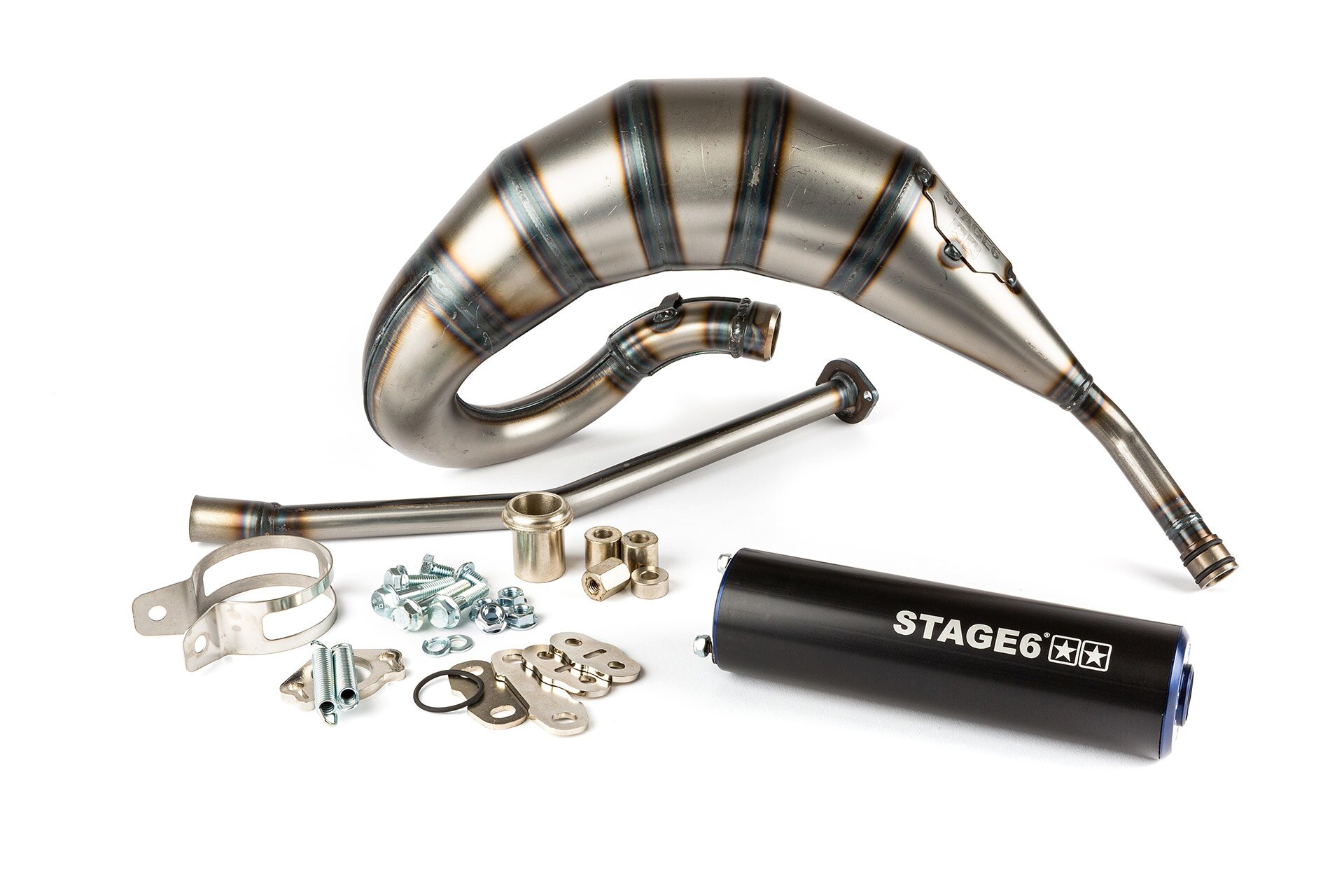Image of Auspuff Stage6 Streetrace 70cc high mount CNC blau / schwarz Derbi Senda