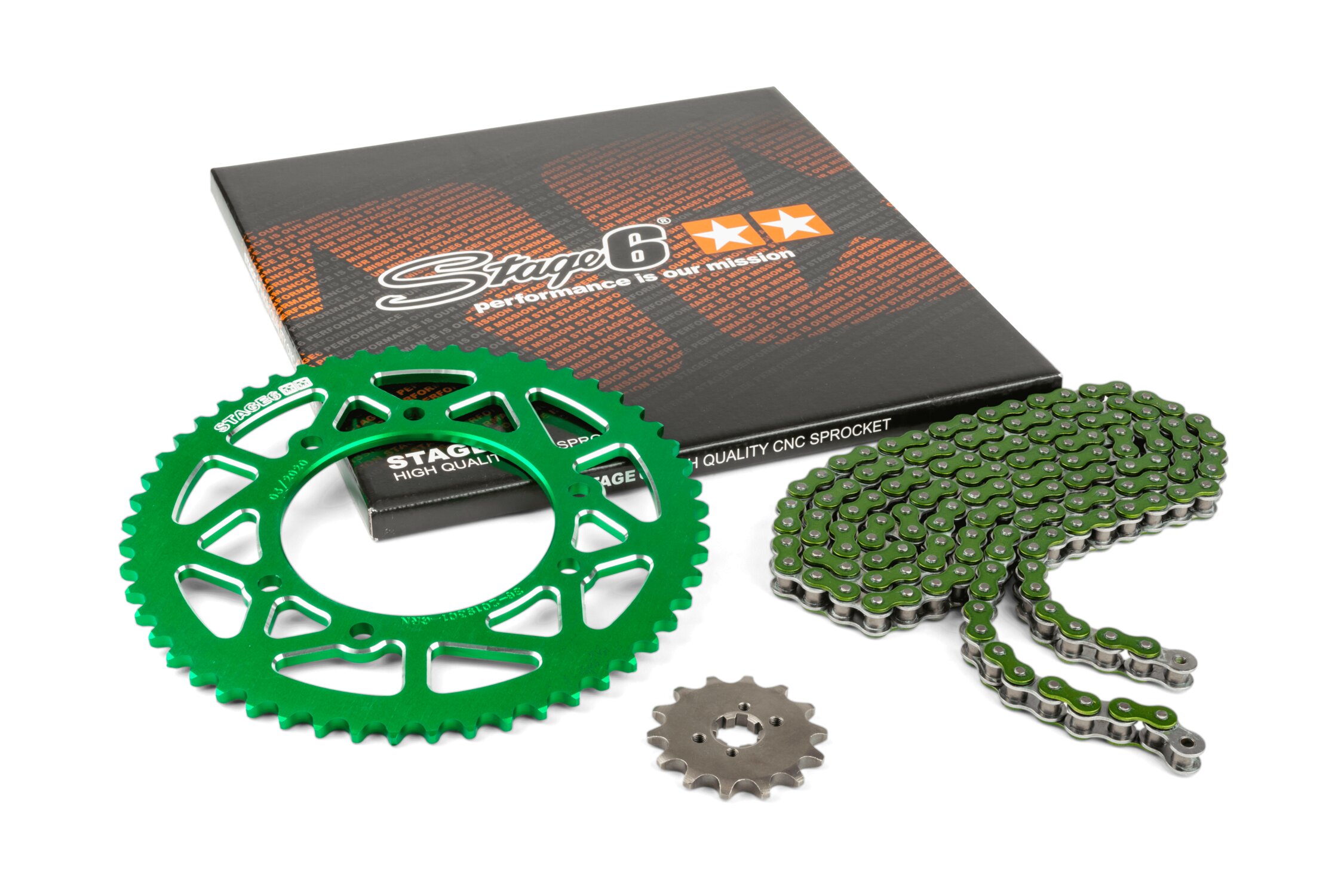 Image of Kettensatz 13x53 - 420 Stage6 Alu CNC grün Derbi Senda X-treme